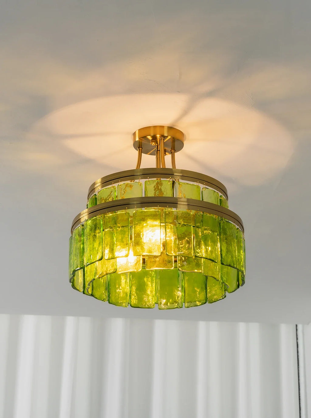 Green Glass Drum-Shaped Ceiling Light
