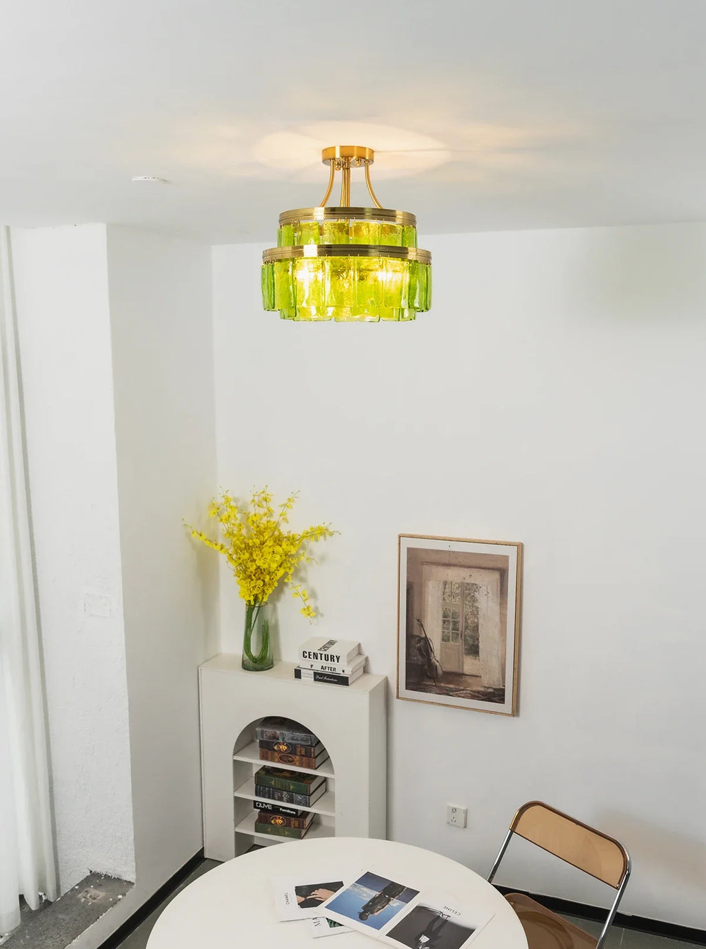 Green Glass Drum-Shaped Ceiling Light