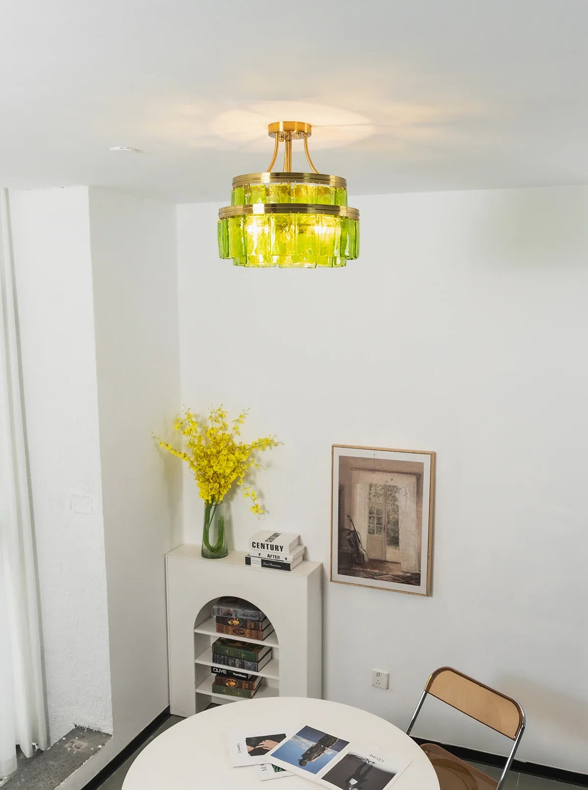 Green Glass Drum-Shaped Ceiling Light