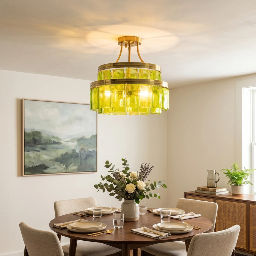Green Glass Drum-Shaped Ceiling Light