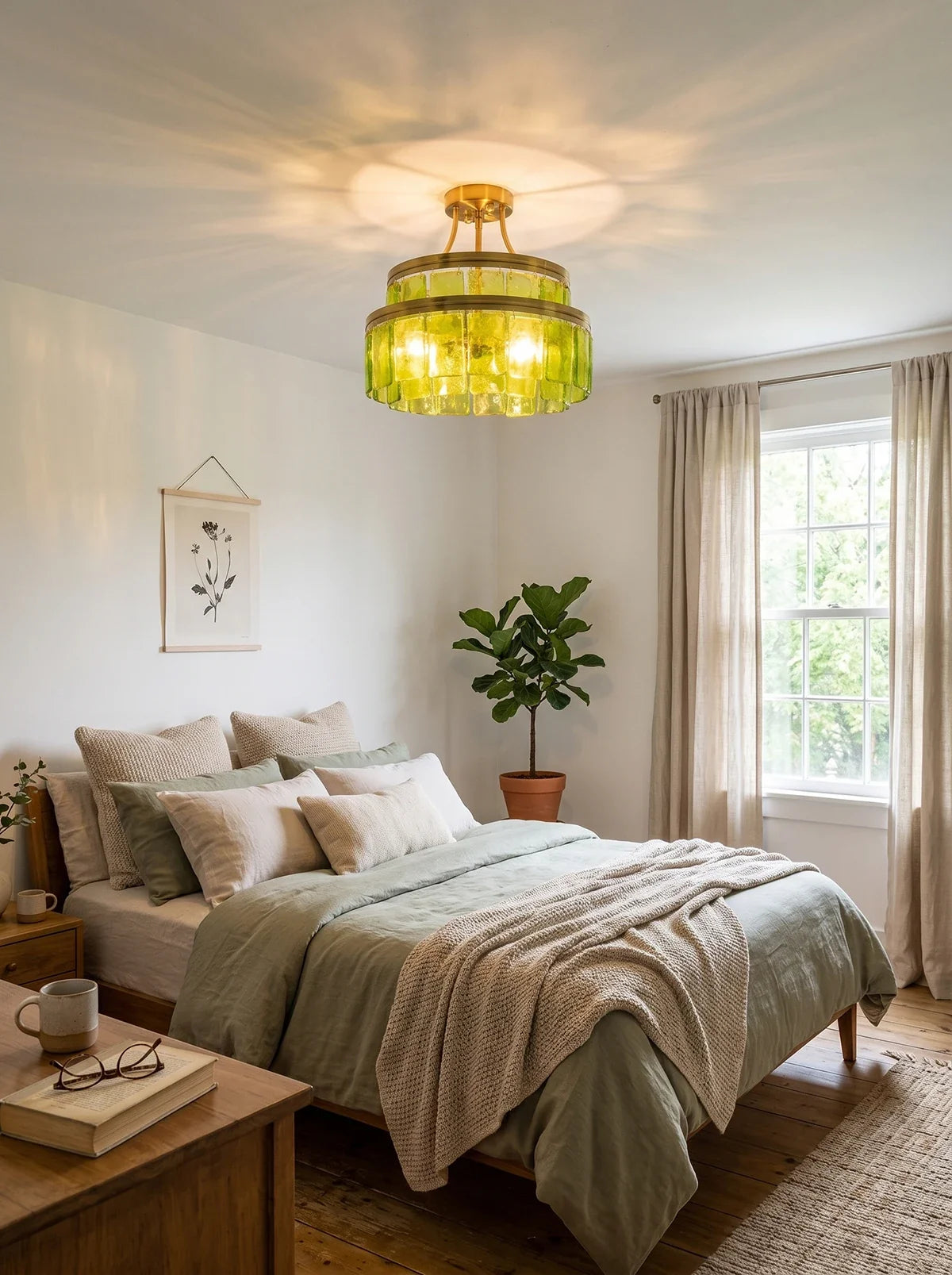 Green Glass Drum-Shaped Ceiling Light